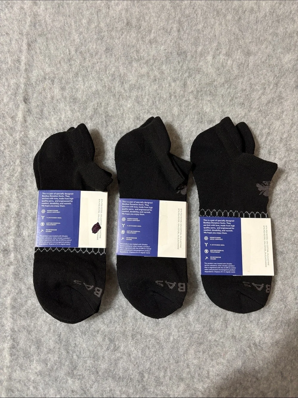 Bombas Black Athletic Running Ankle Lot Of 3 Socks unisex Size Large NWT